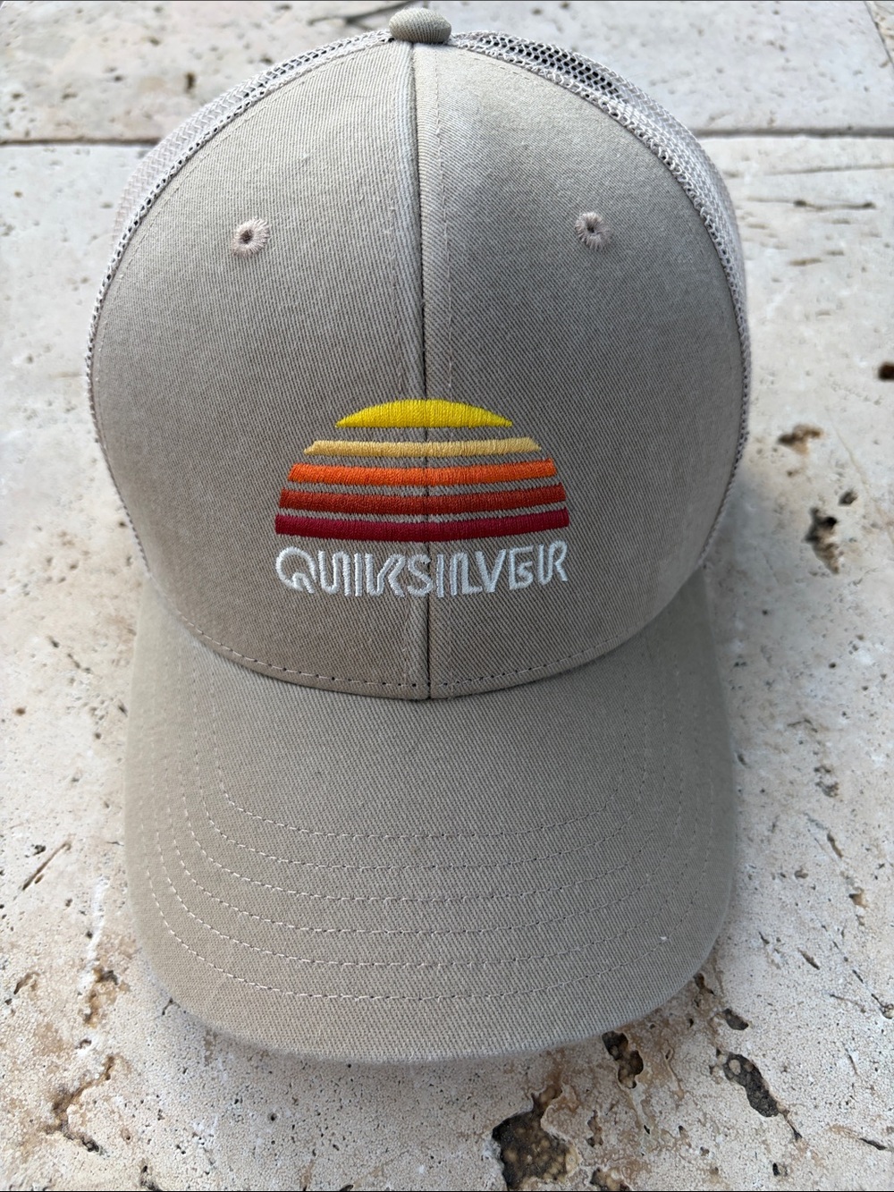 Quiksilver Stringer Tan Trucker Hat with Sunset Stripe Embroidery NEW WITH TAG